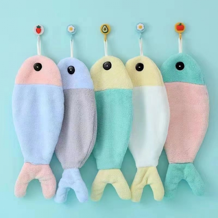 91家纺网 家纺一手货源 找家纺 双梦卡通创意咸鱼珊瑚绒加厚速干可挂式擦手巾学生儿童挂巾 小鱼灰色