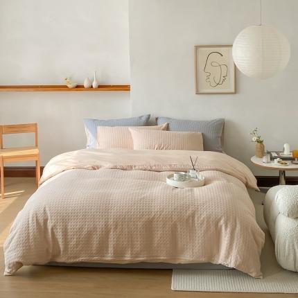 91家纺网 家纺一手货源 找家纺 云上 2023新款纯棉色织水洗棉华夫格四件套 waffle奶杏＆奶杏