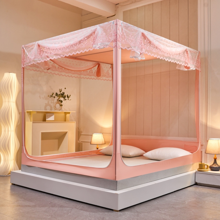 91家纺网 家纺一手货源 找家纺 千逸虹 2024新款印花遮光坐床回底蚊帐 粉玉佳人