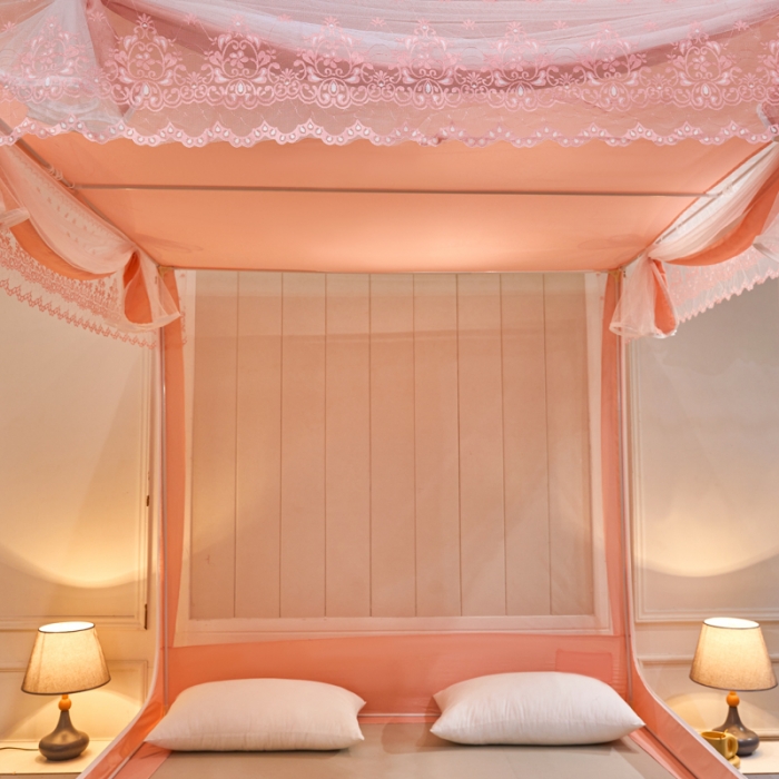 91家纺网 家纺一手货源 找家纺 千逸虹 2024新款印花遮光坐床回底蚊帐 粉玉佳人