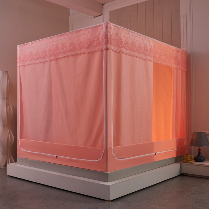 91家纺网 家纺一手货源 找家纺 千逸虹 2024新款印花遮光坐床回底蚊帐 粉玉佳人