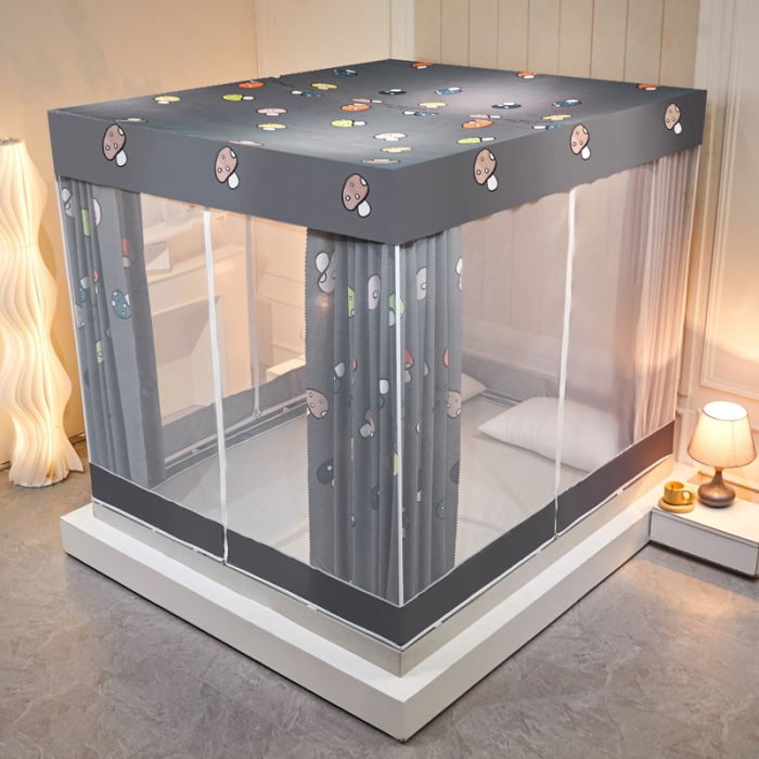 91家纺网 家纺一手货源 找家纺 千逸虹 2024新款印花遮光坐床回底蚊帐 蘑菇灰