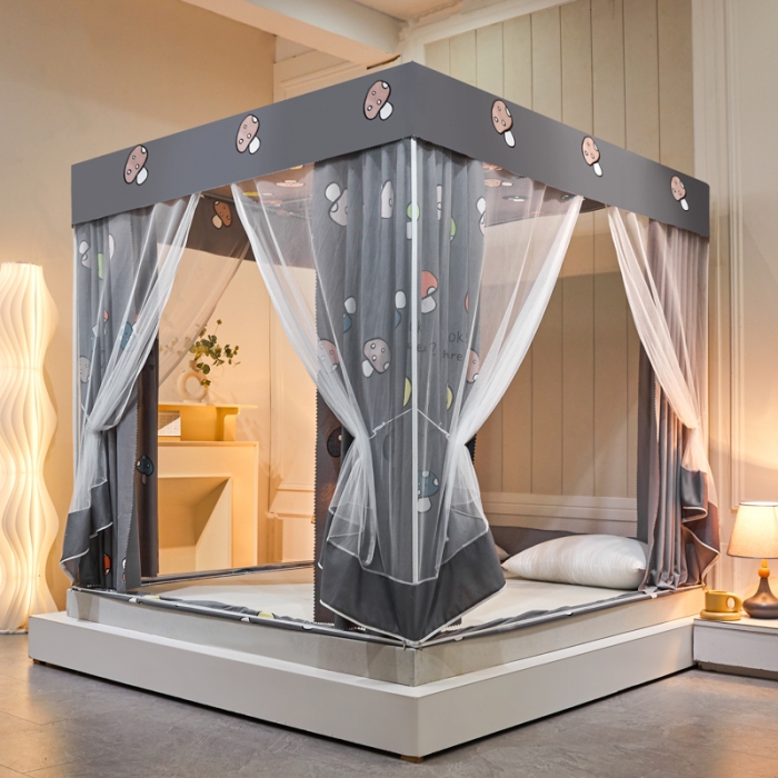 91家纺网 家纺一手货源 找家纺 千逸虹 2024新款印花遮光坐床回底蚊帐 蘑菇灰