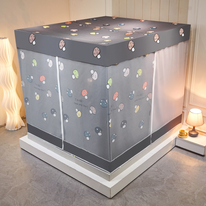 91家纺网 家纺一手货源 找家纺 千逸虹 2024新款印花遮光坐床回底蚊帐 蘑菇灰