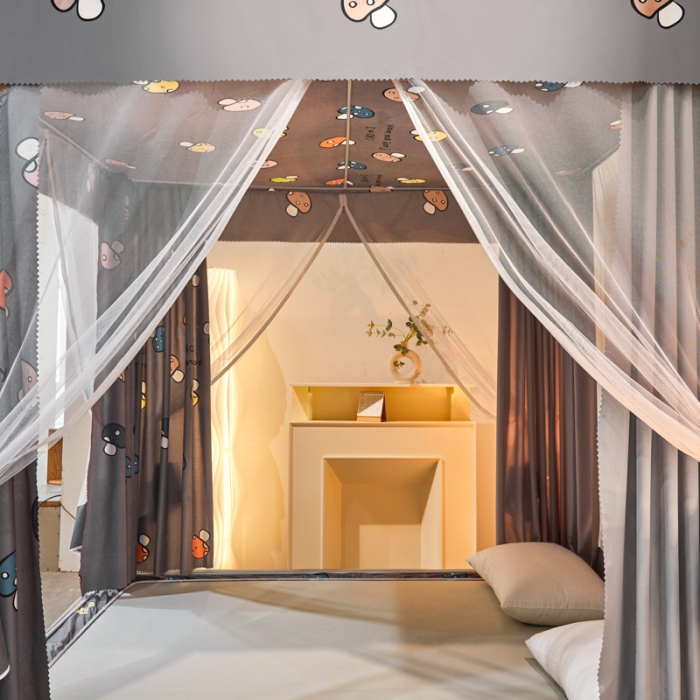 91家纺网 家纺一手货源 找家纺 千逸虹 2024新款印花遮光坐床回底蚊帐 蘑菇灰