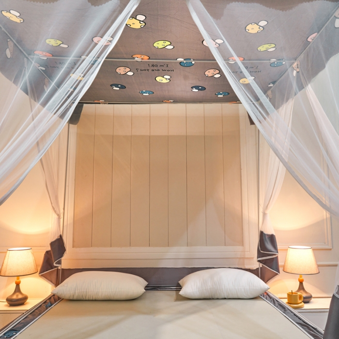 91家纺网 家纺一手货源 找家纺 千逸虹 2024新款印花遮光坐床回底蚊帐 蘑菇灰