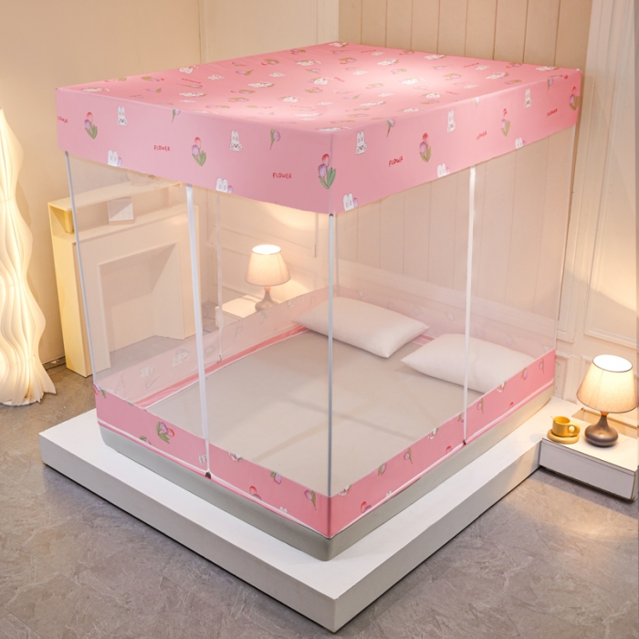 91家纺网 家纺一手货源 找家纺 千逸虹 2024新款印花遮光坐床回底蚊帐 郁金香粉