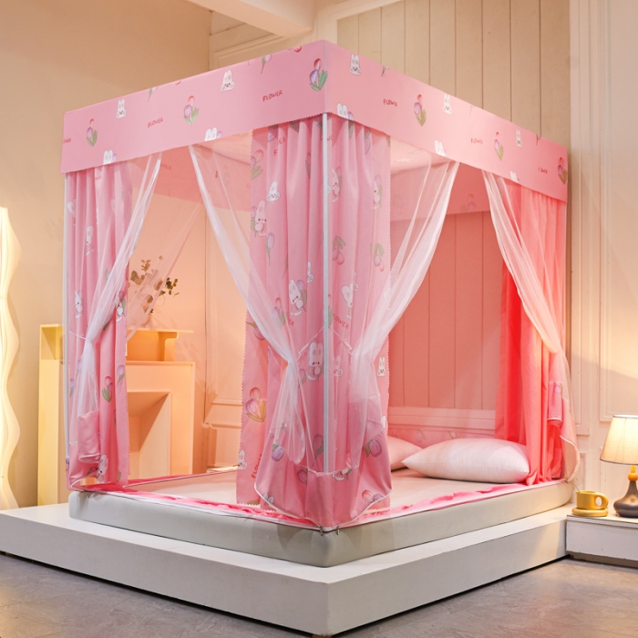 91家纺网 家纺一手货源 找家纺 千逸虹 2024新款印花遮光坐床回底蚊帐 郁金香粉