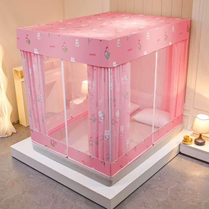 91家纺网 家纺一手货源 找家纺 千逸虹 2024新款印花遮光坐床回底蚊帐 郁金香粉