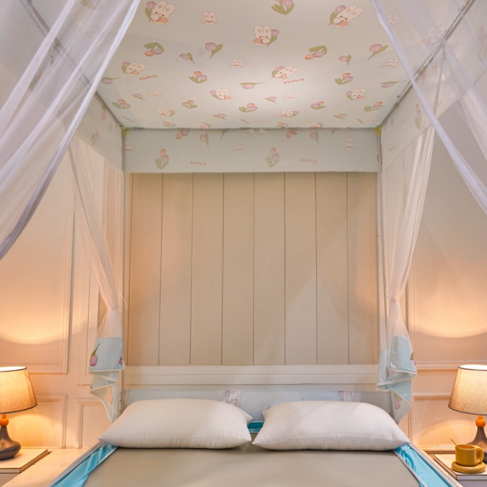 91家纺网 家纺一手货源 找家纺 千逸虹 2024新款印花遮光坐床回底蚊帐 郁金香蓝