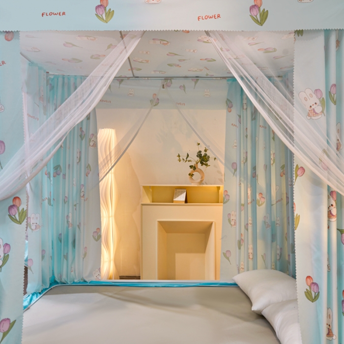 91家纺网 家纺一手货源 找家纺 千逸虹 2024新款印花遮光坐床回底蚊帐 郁金香蓝