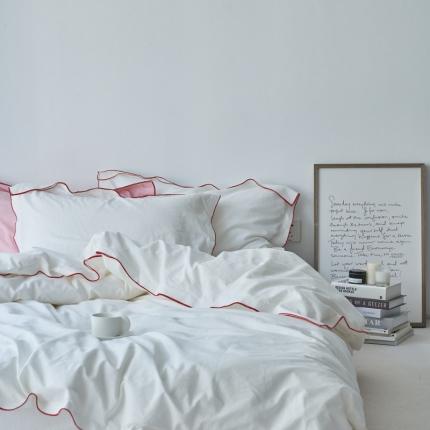 91家纺网 家纺一手货源 找家纺 云上 2023新款32色织纯棉水洗棉法式双层密拷边四件套 红边白色