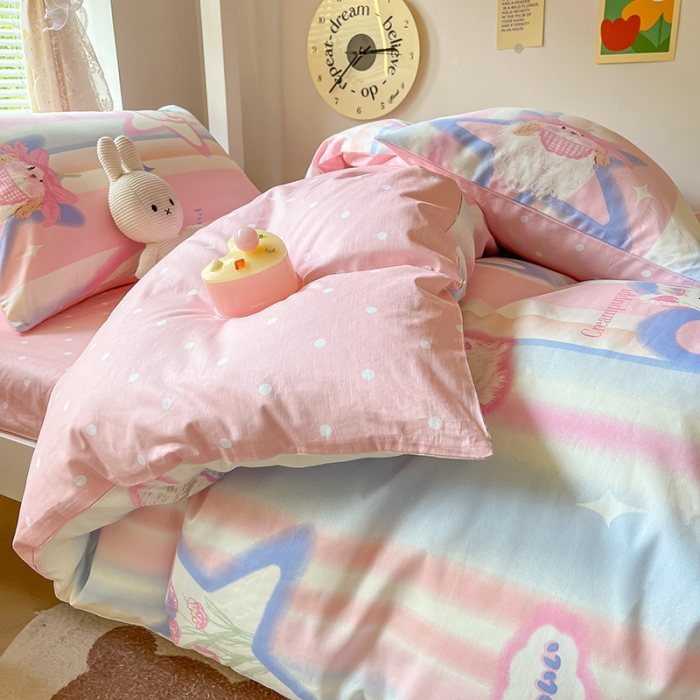 91家纺网 家纺一手货源 找家纺 麦伦 2023春夏全棉斜纹学生三件套四件套上下铺床品系列 满天星