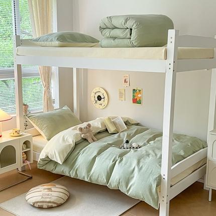 91家纺网 家纺一手货源 找家纺 桃子家居 2023新款A类60S水洗棉提花华夫格纯棉学生三件套 豆绿