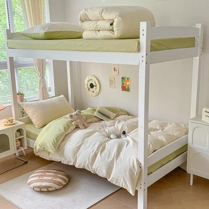 91家纺网 家纺一手货源 找家纺 桃子家居 2023新款A类60S水洗棉提花华夫格纯棉学生三件套 奶黄绿