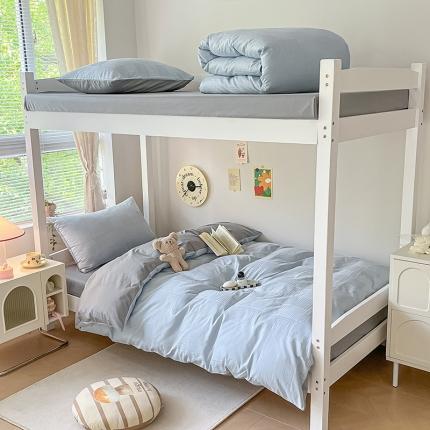 91家纺网 家纺一手货源 找家纺 桃子家居 2023新款A类60S水洗棉提花华夫格纯棉学生三件套 水蓝