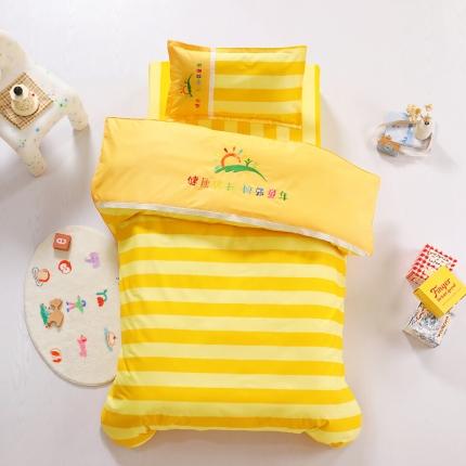 订做纯色绣花logo纯棉刺绣园标幼儿园被子三件套午睡六件套 双黄条