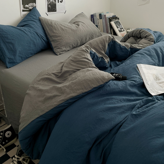 91家纺网 家纺一手货源 找家纺 优承佳 2023新款ins风超柔亲肤磨毛水洗m双拼四件套 宝蓝浅灰