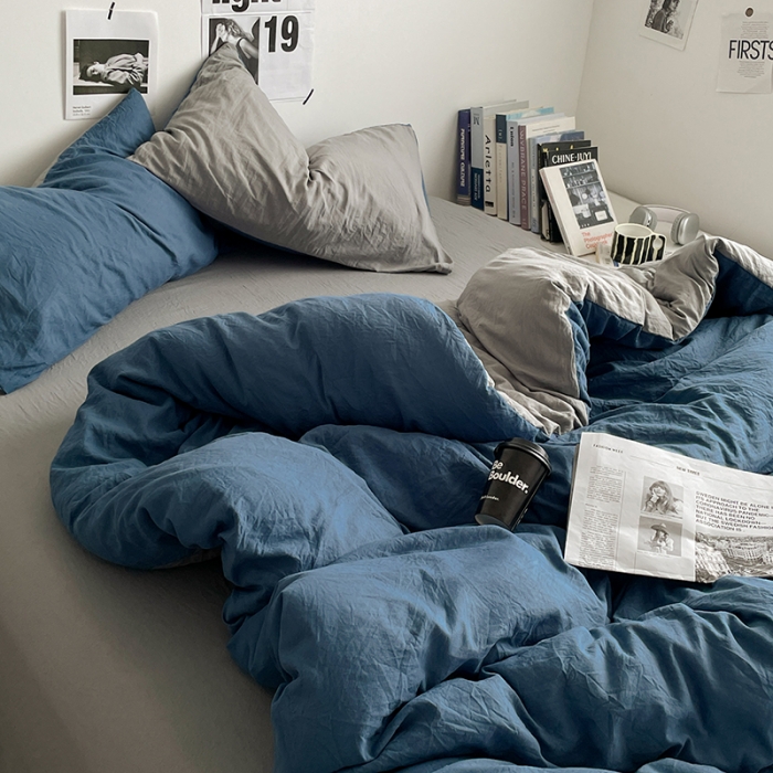 91家纺网 家纺一手货源 找家纺 优承佳 2023新款ins风超柔亲肤磨毛水洗m双拼四件套 宝蓝浅灰