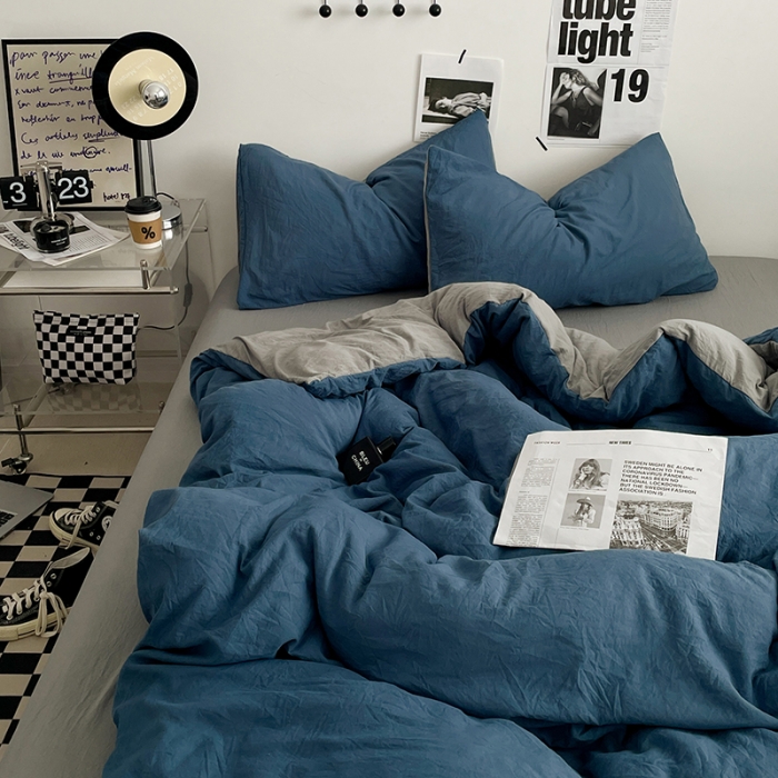 91家纺网 家纺一手货源 找家纺 优承佳 2023新款ins风超柔亲肤磨毛水洗m双拼四件套 宝蓝浅灰