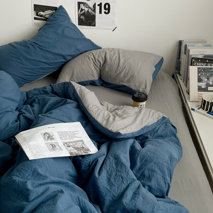 91家纺网 家纺一手货源 找家纺 优承佳 2023新款ins风超柔亲肤磨毛水洗m双拼四件套 宝蓝浅灰