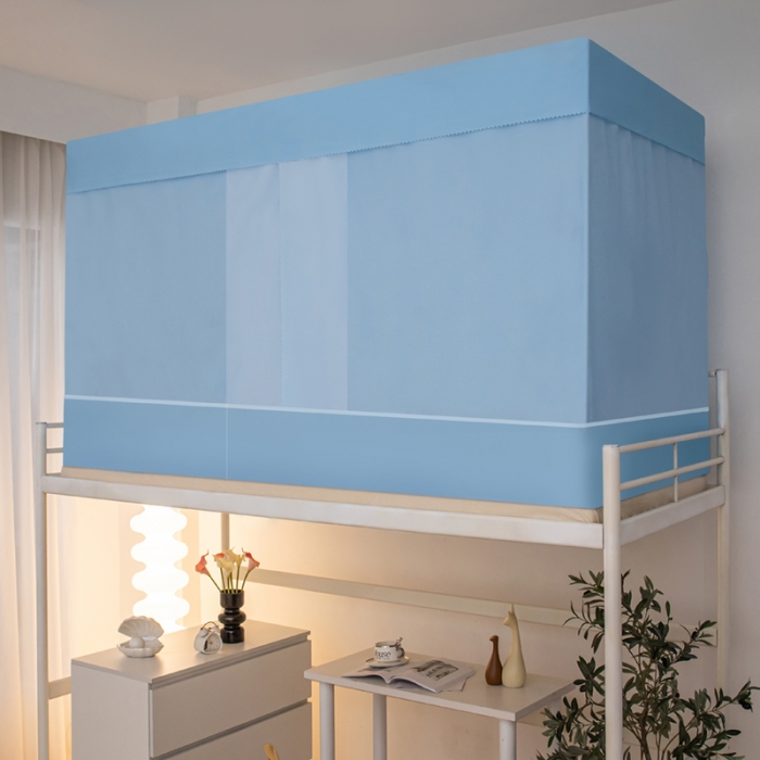 91家纺网 家纺一手货源 找家纺 千逸虹 2024新款简约纯色上下铺学生蚊帐 浅蓝色