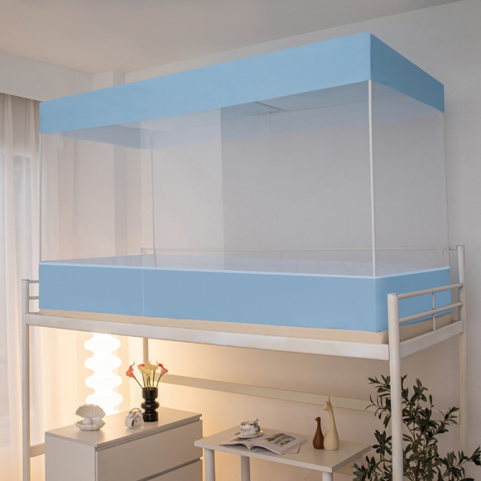 91家纺网 家纺一手货源 找家纺 千逸虹 2024新款简约纯色上下铺学生蚊帐 浅蓝色