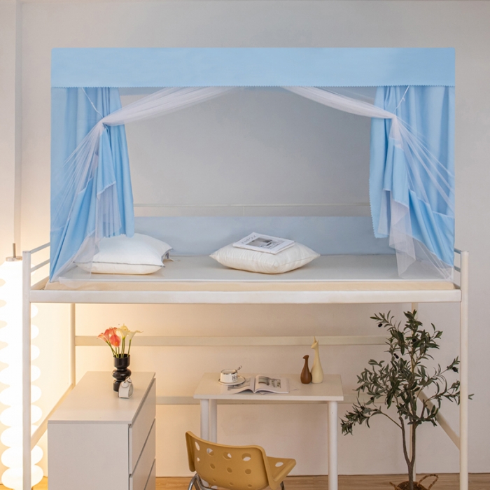 91家纺网 家纺一手货源 找家纺 千逸虹 2024新款简约纯色上下铺学生蚊帐 浅蓝色