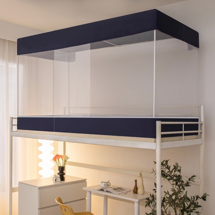 91家纺网 家纺一手货源 找家纺 千逸虹 2024新款简约纯色上下铺学生蚊帐 深蓝色