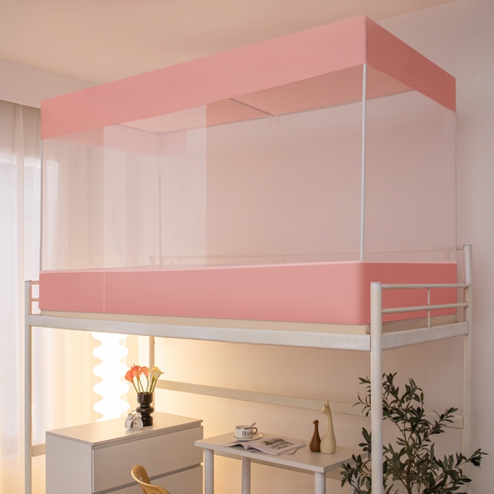 91家纺网 家纺一手货源 找家纺 千逸虹 2024新款简约纯色上下铺学生蚊帐 粉玉