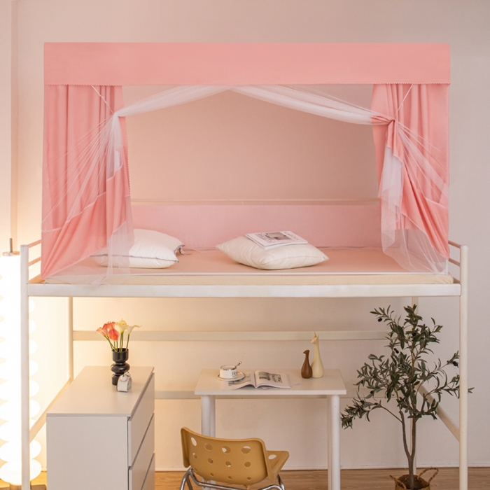 91家纺网 家纺一手货源 找家纺 千逸虹 2024新款简约纯色上下铺学生蚊帐 粉玉