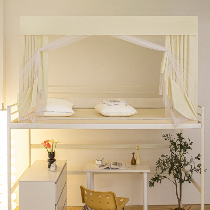 91家纺网 家纺一手货源 找家纺 千逸虹 2024新款简约纯色上下铺学生蚊帐 米黄色