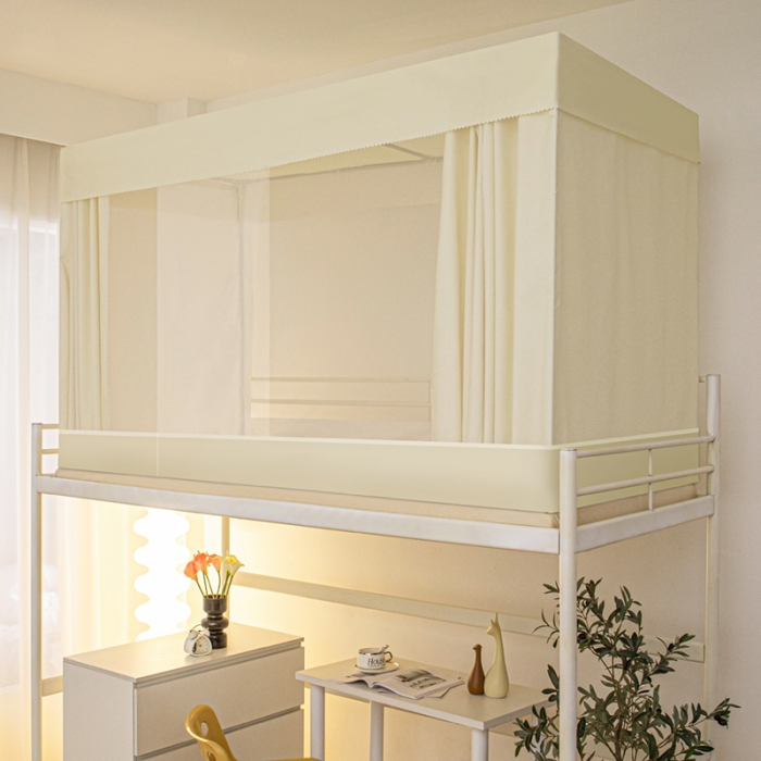 91家纺网 家纺一手货源 找家纺 千逸虹 2024新款简约纯色上下铺学生蚊帐 米黄色