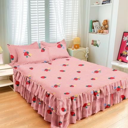 91家纺网 家纺一手货源 找家纺 小雨家纺 2026新款芦荟棉单件床裙+床裙三件套 草莓之恋