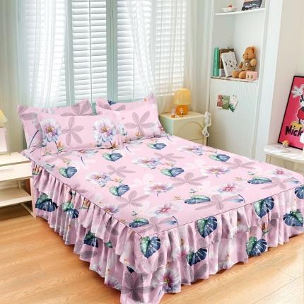 91家纺网 家纺一手货源 找家纺 小雨家纺 2026新款芦荟棉单件床裙+床裙三件套 阳光花朵粉