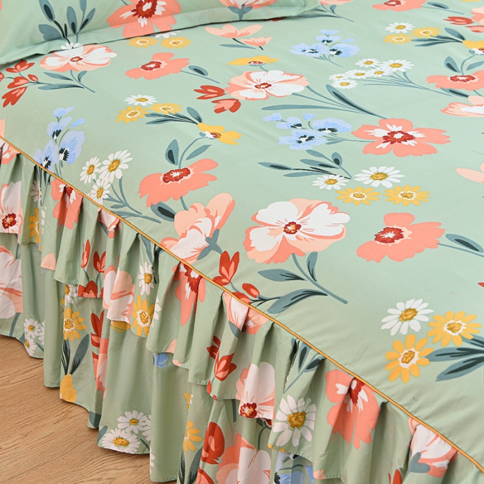 91家纺网 家纺一手货源 找家纺 小雨家纺 2026新款芦荟棉单件床裙+床裙三件套 朝花夕拾绿