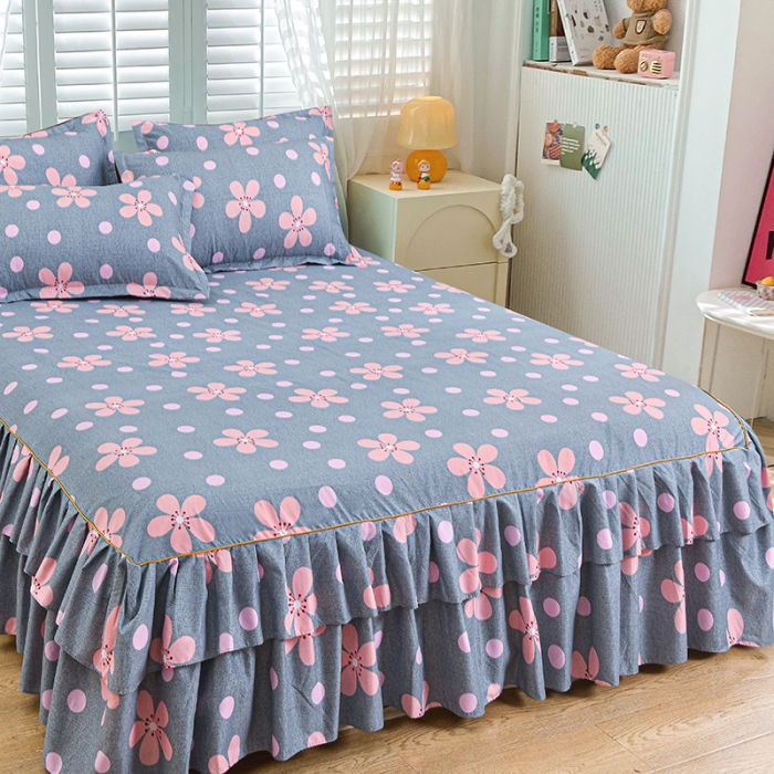 91家纺网 家纺一手货源 找家纺 小雨家纺 2026新款芦荟棉单件床裙+床裙三件套 春天花园