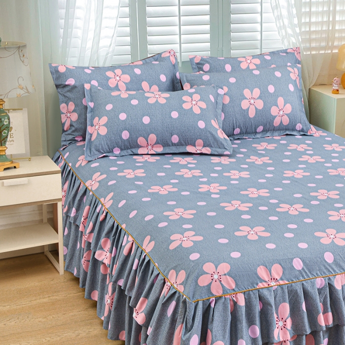 91家纺网 家纺一手货源 找家纺 小雨家纺 2026新款芦荟棉单件床裙+床裙三件套 春天花园