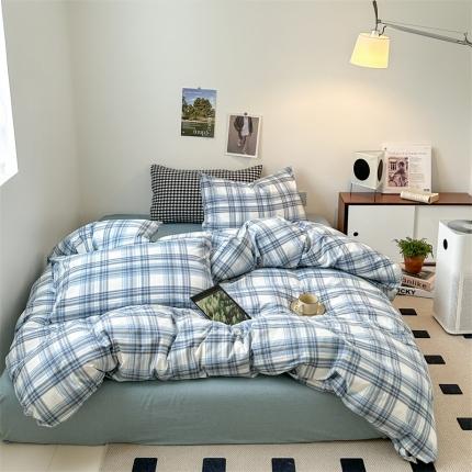 91家纺网 家纺一手货源 找家纺 全棉无印色织水洗棉四件套良品纯棉日式简约宿舍学生三件套 春彩蓝格