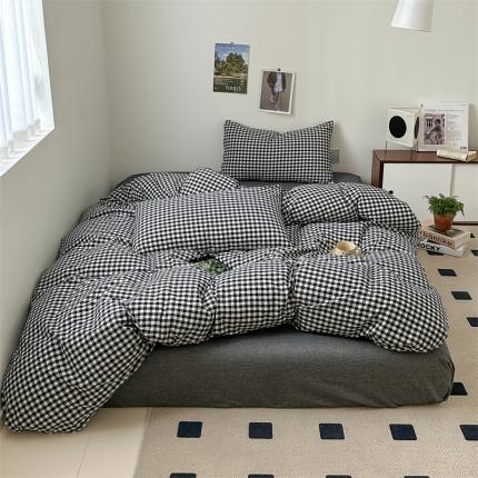91家纺网 家纺一手货源 找家纺 全棉无印色织水洗棉四件套良品纯棉日式简约宿舍学生三件套 黑白小格