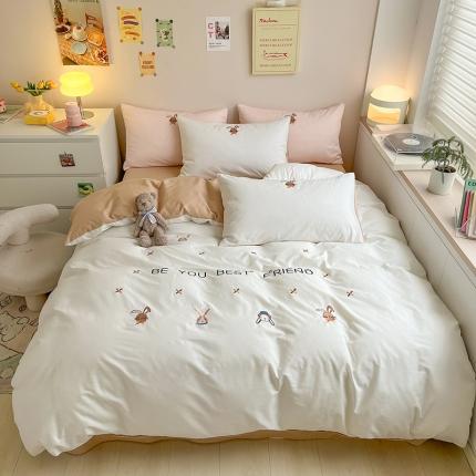 91家纺网 家纺一手货源 找家纺 静家居 2024水洗棉兔兔家刺绣系列四件套 兔兔家-粉玉