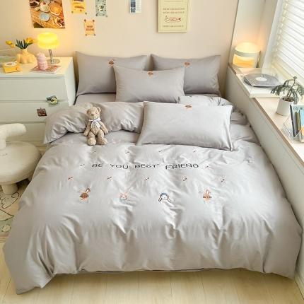 91家纺网 家纺一手货源 找家纺 静家居 2024水洗棉兔兔家刺绣系列四件套 兔兔家-粉玉