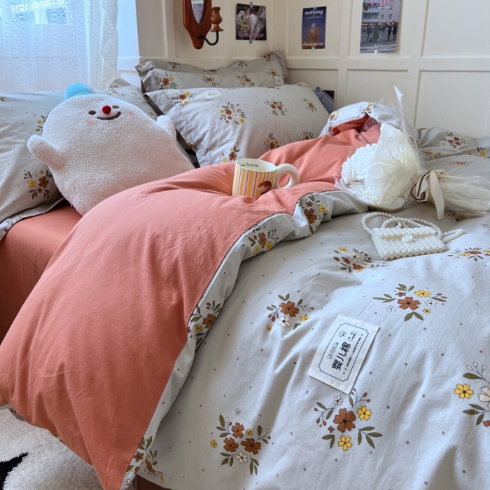 91家纺网 家纺一手货源 找家纺 米粒家纺 2023新款全棉印花四件套系列 花间落-灰