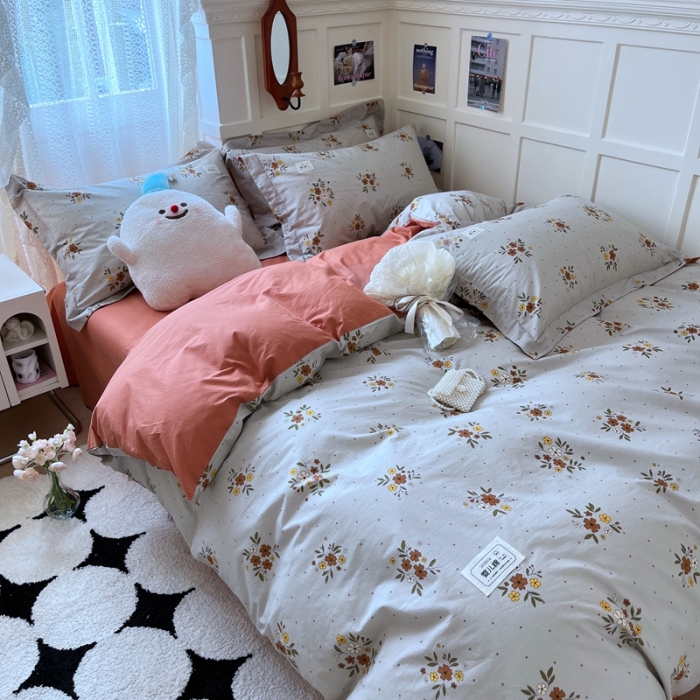 91家纺网 家纺一手货源 找家纺 米粒家纺 2023新款全棉印花四件套系列 花间落-灰