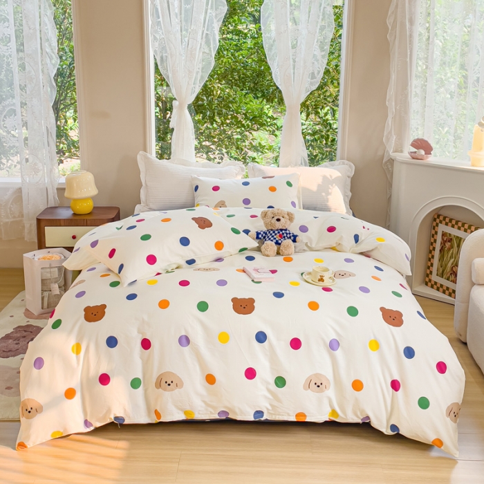 91家纺网 家纺一手货源 找家纺 珺柔家纺 2023新款13372全棉印花四件套 波点狗