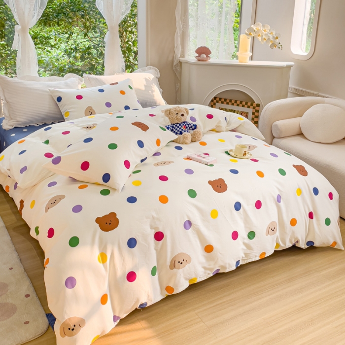 91家纺网 家纺一手货源 找家纺 珺柔家纺 2023新款13372全棉印花四件套 波点狗