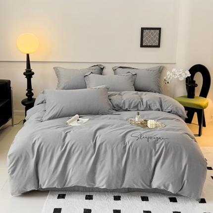 91家纺网 家纺一手货源 找家纺 品乐家纺 2023新款全棉磨毛英文字母绣系列四件套 艾丽灰