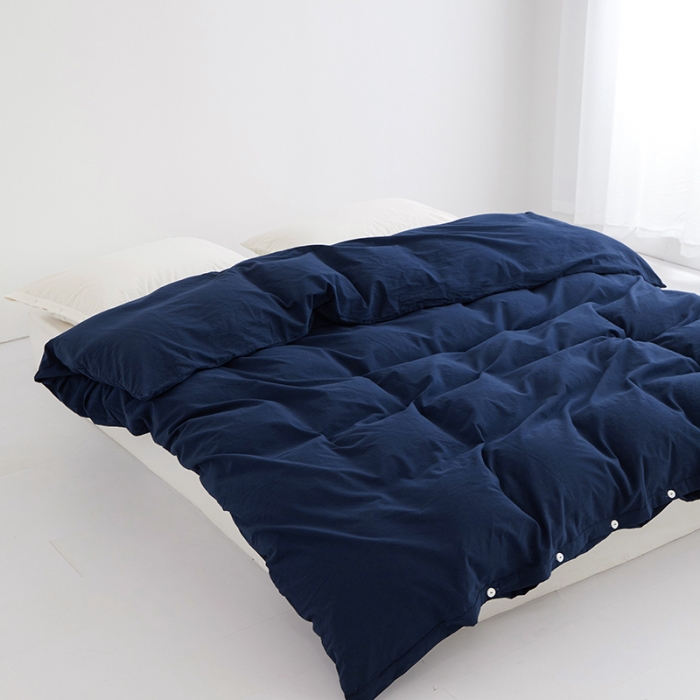 91家纺网 家纺一手货源 找家纺 安莱生活 2023新款水洗棉全棉色织高支高密纽扣款工艺单品被套 藏青