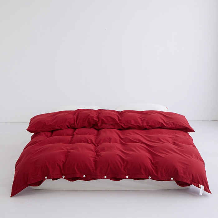 91家纺网 家纺一手货源 找家纺 安莱生活 2023新款水洗棉全棉色织高支高密纽扣款工艺单品被套 大红