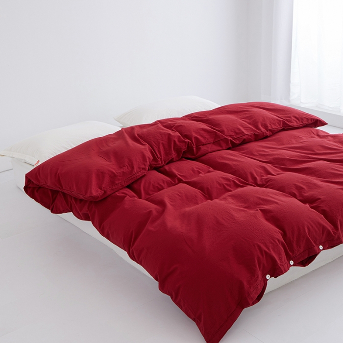 91家纺网 家纺一手货源 找家纺 安莱生活 2023新款水洗棉全棉色织高支高密纽扣款工艺单品被套 大红